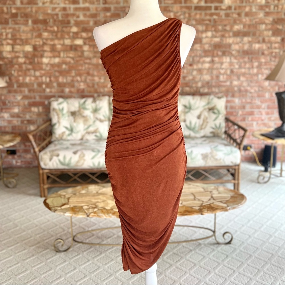 Mable Bodycon Dress Ruched One Shoulder S Asymmetrical Rust Glam Cocktail Party - Picture 10 of 15